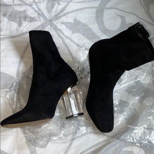 Public Desire Black Booties w Clear Block Heels